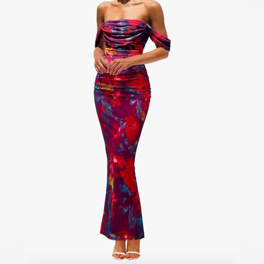 NWT PrettyGarden Red Floral Off Shoulder Ruched Cocktail Dress Wedding Guest